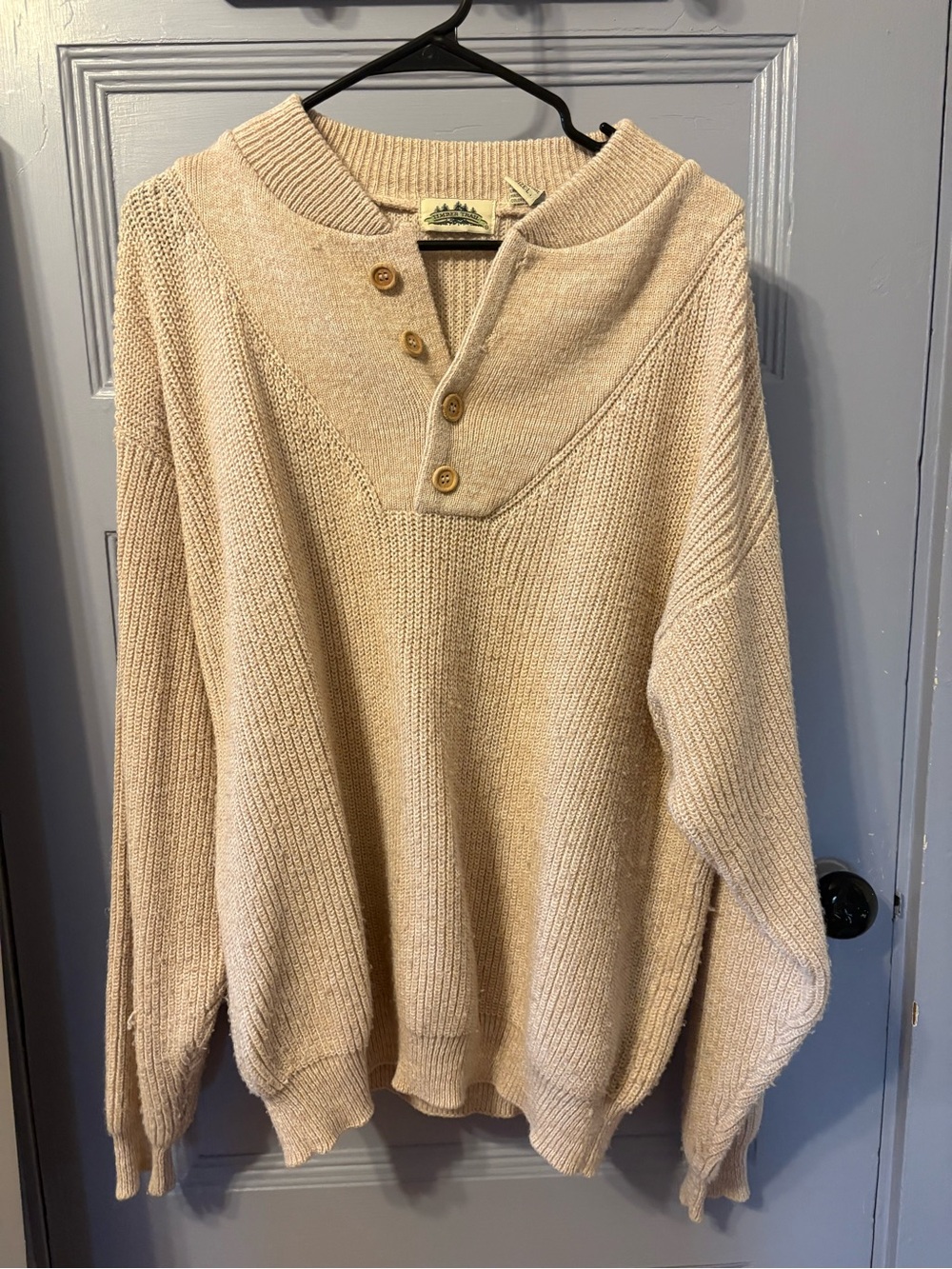 Men's Cream Button-Up Ribbed Knit Crewneck Sweater